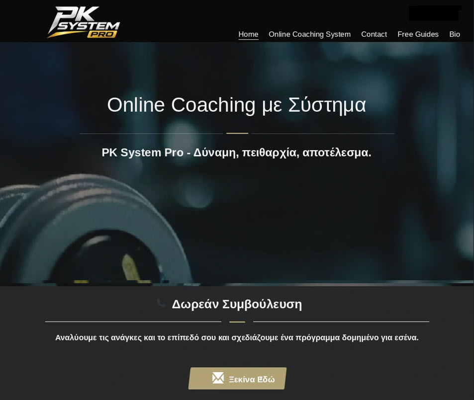 Η σελίδα του PK System Pro, παράδειγμα παρουσίασης coaching υπηρεσίας.